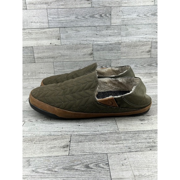 OluKai‎ Hanohano Mens 10 Olive Green Quilted Shearling Lined Slippers 10527-6Z6Z